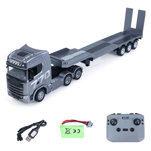 HUINA 1/24 Radio Controlled Tractor Truck 770S RTR Lights Sounds W/ 3Axle Plastic Semi Flatbed Trailer Manual Support Legs