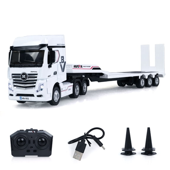 HUINA 1/64 Remote Control RTR Tractor Truck 9900 W/ 3Axle Plastic Semi Flatbed Trailer Lights Sound Effect Manual Support Legs