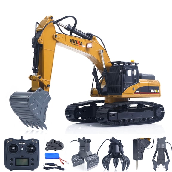 HUINA New Upgrade 580 1/14 Metal Excavator Model Engineering Vehicle Electric Ball Grabber 360 Rotating Shear Claw Sound Lights