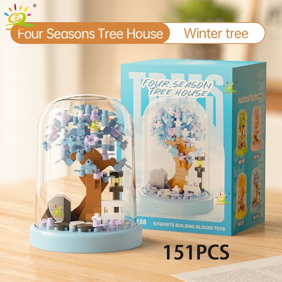 HUIQIBAO MOC Four season Mini Tree House with Display Box Model Micro Building Block Diamond Brick Toy for Children Desk Decor.