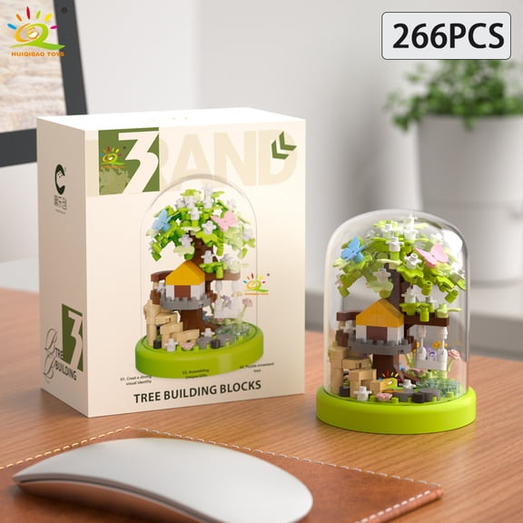HUIQIBAO MOC Four season Mini Tree House with Display Box Model Micro Building Block Diamond Brick Toy for Children Desk Decor.