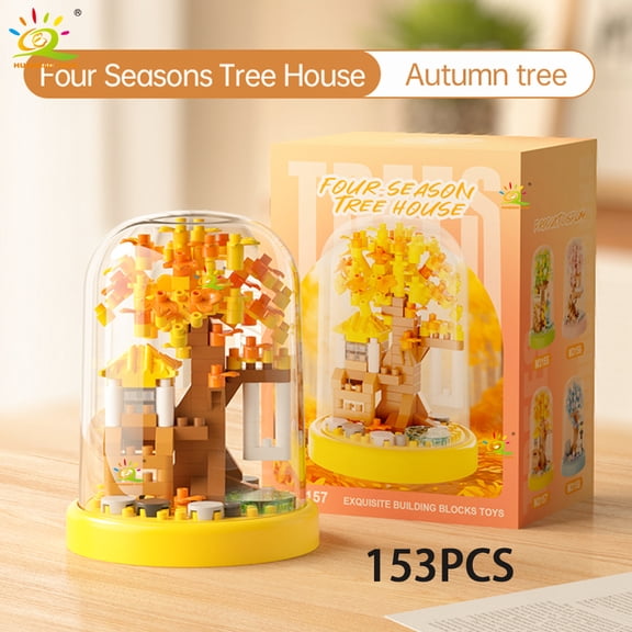 HUIQIBAO MOC Four season Mini Tree House with Display Box Model Micro Building Block Diamond Brick Toy for Children Desk Decor.