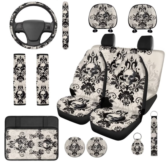 HUISEFOR 14 Packs Gothic Skull Car Seat Covers Full Set for Women Men Including Steering Wheel Cover, Armrest Cover, Breathable, Elastic, Easy Installation, Fit for Most Cars, Auto, SUVs