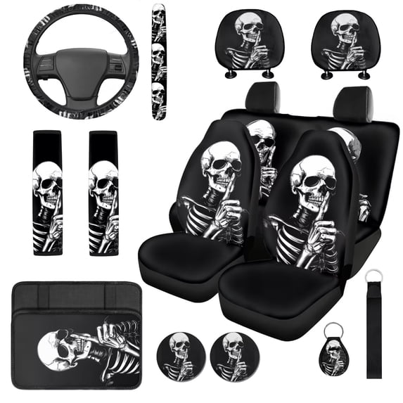 HUISEFOR 14 Pcs Black Skeleton Car Seat Cover Full Set Breathable Soft Including Car Steering Wheel Cover, Belt Cover, Armrest Cover, Head Rest Protector, Fit for Most Cars, Auto, SUVs