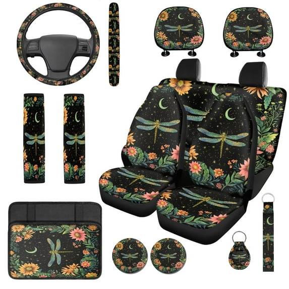 HUISEFOR 14 Pcs Dragonfly Sunflower Car Seat Cover Full Set Anti Slip Including Armrest Cover, Belt Cover, Headrest Covers, Elastic, Easy Installation, Universal Size Fit for Most Cars