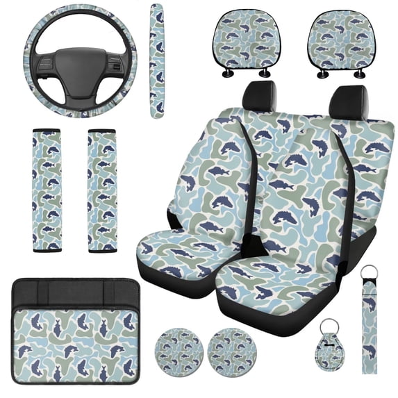 HUISEFOR 14 Pcs Fish Camo Car Seat Covers Full Set for Women Men Including Steering Wheel Cover, Armrest Cover, Breathable, Elastic, Easy Installation, Universal Fit for Cars SUV Trucks