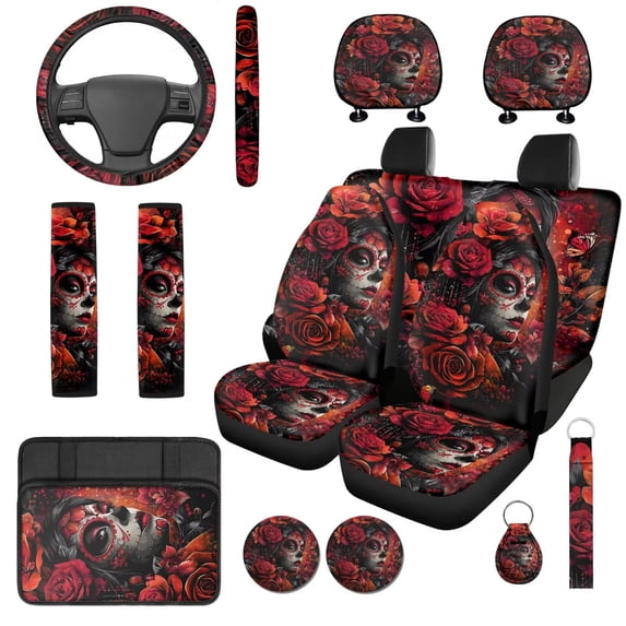 HUISEFOR 14 Pcs Rose Skull Car Seat Cover Full Set Breathable Non Slip Including Steering Wheel Cover, Belt Cover, Armrest Cover, Coasters, Keychain, Universal Fit for Cars SUV Trucks