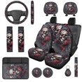 thumbnail image 1 of HUISEFOR 14 Pieces Rose Skull Car Seat Covers Full Set for Women Men Including Steering Wheel Cover, Belt Cover, Center Console Cover, Breathable, Comfortable, Fit for Most Sedans SUVs, 1 of 5