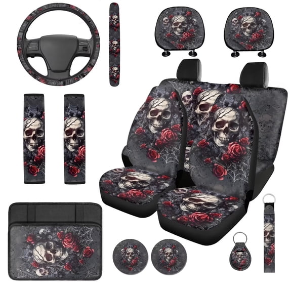 HUISEFOR 14 Pieces Rose Skull Car Seat Covers Full Set for Women Men Including Steering Wheel Cover, Belt Cover, Center Console Cover, Breathable, Comfortable, Fit for Most Sedans SUVs