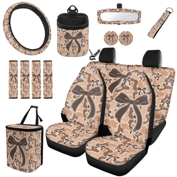 HUISEFOR 15 Packs Camo Bow Car Seat Covers Full Set for Women Men Including Steering Wheel Cover, Belt Cover, Scratch-Resistant, Non Slip, Easy Installation, Fit for Most Cars, Auto, SUVs