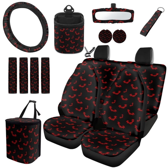 HUISEFOR 15 Packs Red Bat Car Seat Cover Full Set Easy Installation Steering Wheel Cover Seat Belt Cover Rear View Mirror Cover Garbage Can Air Vent Storage Bag Keychain Car Trash Can