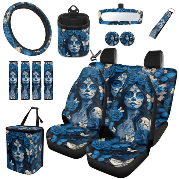 HUISEFOR 15 Packs Rose Skull Car Seat Cover Full Set Scratch-Resistant with Steering Wheel Cover Seat Belt Cover Air Vent Storage Bag Car Trash Can Rear View Mirror Cover Keychain Coasters