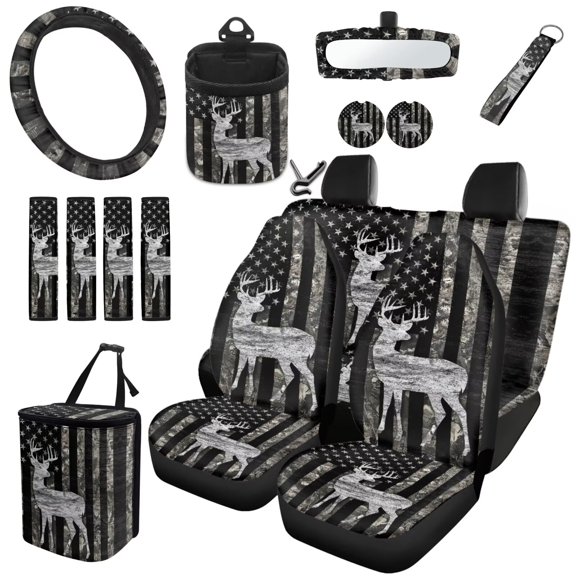HUISEFOR 15 Pcs American Flag Deer Car Seat Cover Full Set Easy Installation Including Steering Wheel Cover Seat Belt Cover Garbage Can Rear View Mirror Cover Suitable for Most Cars SUV
