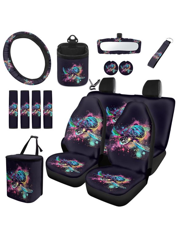 15 Pcs Galaxy Sea Turtle Car Seat Cover Full Set Universal Cars Accessories with Steering Wheel Cover Belt Cover Car Trash Can Air Vent Storage Bag Coasters Rear View Mirror Cover
