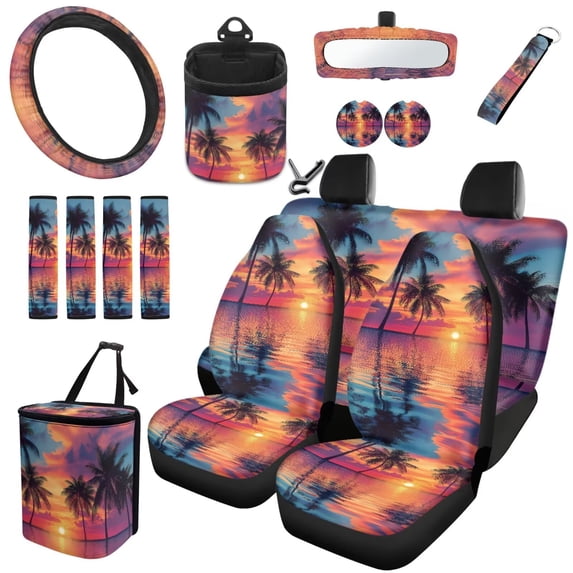 HUISEFOR 15 Pieces Sunset Palm Tree Car Seat Cover Full Set Including Steering Wheel Cover, Belt Cover, Breathable, Non Slip, Scratch-Resistant, Universal Size Fit for Most Cars