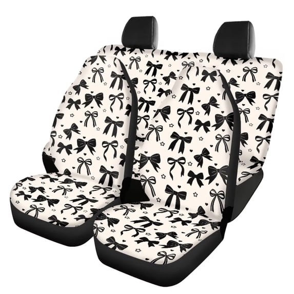 HUISEFOR 4 Pcs Black Bow Car Seat Cover Full Set Breathable Elastic Soft, Anti Slip, All‑Season Protection, Front and Back Seat Covers Protectors, Fits for Vehicle Cars SUV