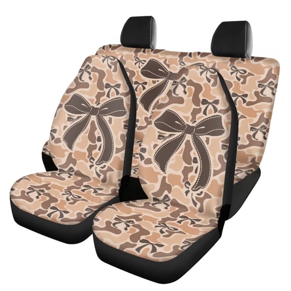HUISEFOR 4 Pcs Camo Bow Car Seat Cover Set All-Season Protection Soft Anti Slip, Stretch Polyester Fabric Cover, Front Rear Seat Protectors, Fits for Vehicle Cars SUV
