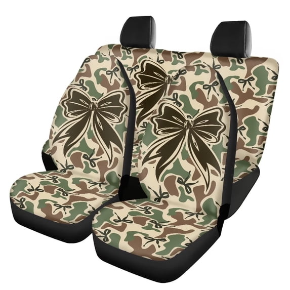 HUISEFOR 4 Pcs Camouflage Bow Car Seat Covers Full Set for Women Front Rear Seat Protectors, Elastic Polyester, Easy to Installation, Universal Fit for Most Cars SUVs