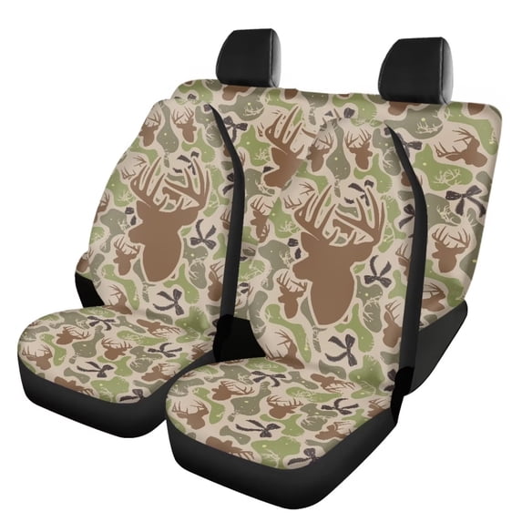 HUISEFOR 4 Pcs Deer Camo Bow Car Seat Cover Set Elastic Breathable Soft, Anti Slip, All‑Season Protection, Front and Back Seat Covers Protectors, Fits for Vehicle Cars SUV