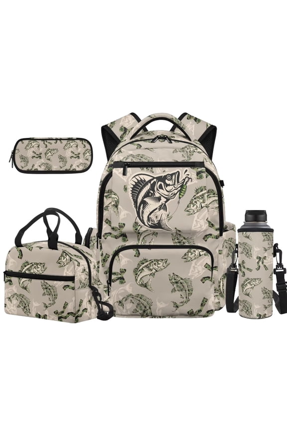 4-Piece Camo Fish School Backpack Set-17 Inch Flap Backpack with Lunch Box Pencil Case Water Bottle Holder, Suitable for Elementary Middle School Back to School