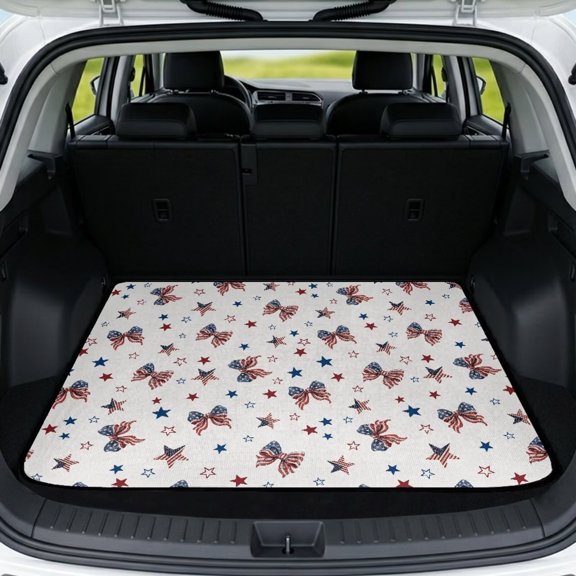 HUISEFOR American Flag Bow Car Trunk Mat for Women 29" x 39" Anti Slip All Weather Trunk Protection Cargo Liner Anti-Scratch Cars Accessories Universal Fit for Most Vehicle