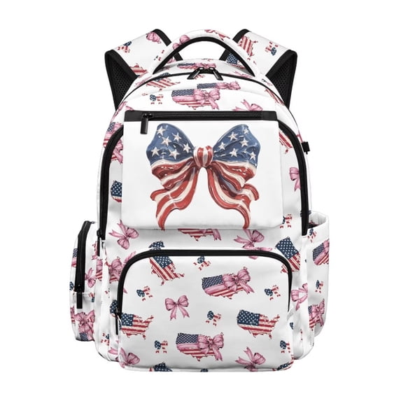 HUISEFOR American Flag Bows Backpack for School Kids Girls 17 Inches Large Capacity College Students Backpacks with Front Zipper, Lightweight Waterproof Shoulder Bookbag Age 6-18