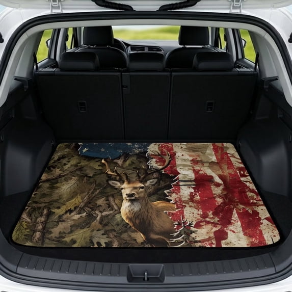 HUISEFOR American Flag Deer Car Trunk Mat for Women 29" x 39" Anti Slip All Weather Trunk Protection Cargo Liner Anti-Scratch Cars Accessories Universal Fit for Most Vehicle
