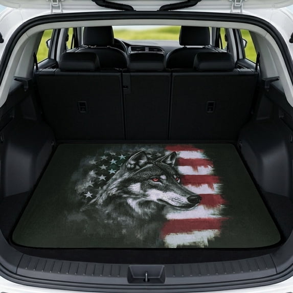 HUISEFOR American Flag Wolf Car Trunk Mat 29" x 39", Universal Scratchproof Cargo Liner Non Slip Car Accessories, Universal Fit for Most Cars SUVs