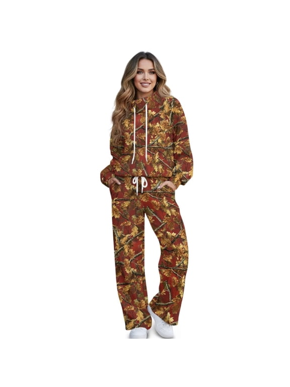 Autumn Camo Lounge Sets for Women, 2 Piece Drawstring Sweatshirt Wide Leg Pants, Mockneck Soft Oversized, Elastic Waistband Side Pockets, Casual Travel Outfits for Daily Wear