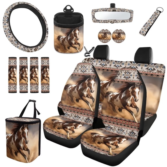 HUISEFOR Aztec Horse Car Seat Cover Full Set Breathable Non Slip with Steering Wheel Cover Seat Belt Cover Air Vent Storage Bag Car Trash Can Rear View Mirror Cover Keychain Coasters