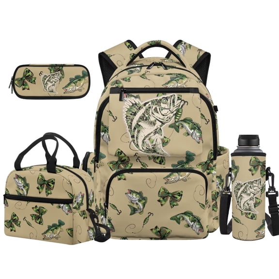 HUISEFOR Bass Fish Camo School Backpack Set 4 Pcs 600D School Bag with Lunch Box Pencil Case Water Bottle Holder 17 Inch Lightweight for Elementary School 2nd-3rd Grade