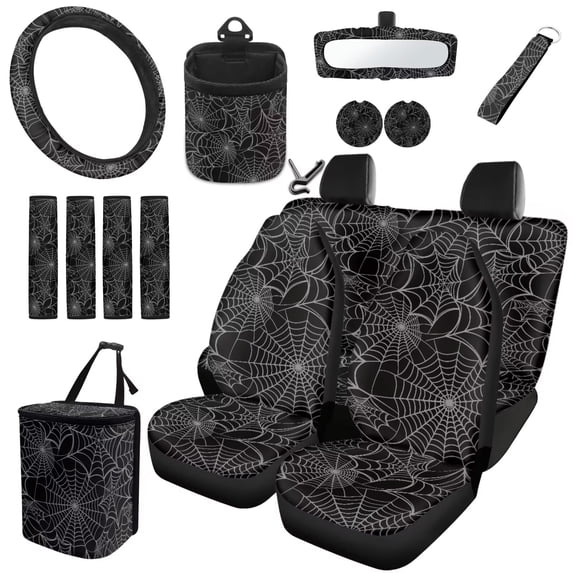 HUISEFOR Black Spider Web Car Seat Cover Full Set Halloween Design 15 Pcs Fashion Car Accessories with Steering Wheel Cover Belt Cover Car Trash Can Air Vent Storage Bag Coasters