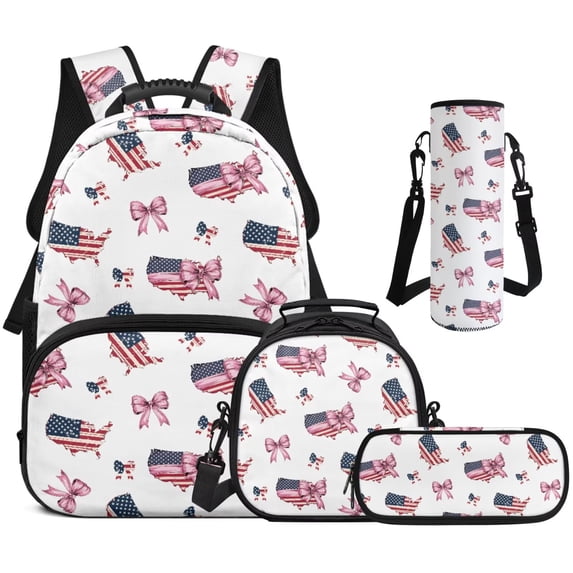 HUISEFOR Bow American Flag Kids Backpack for School 4 Piece 17 Inch Girls Backpack with Lunch Box Pencil Case Water Bottle Holder Kids Backpacks Lightweight for Students and Teens