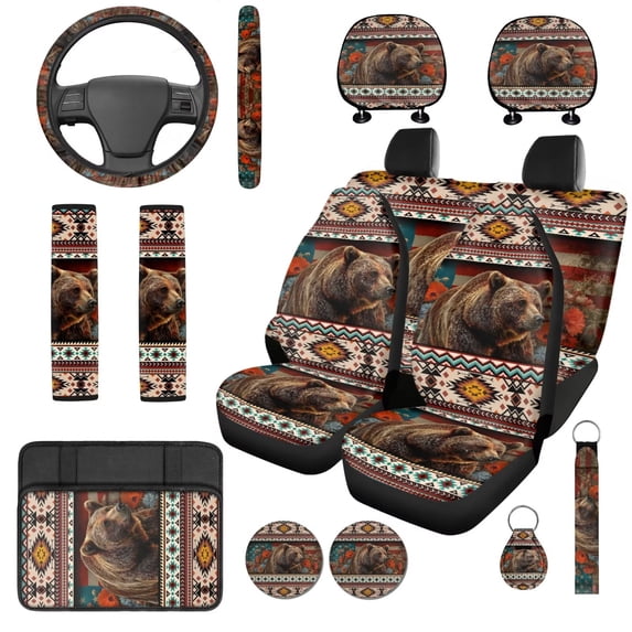 HUISEFOR Brown Bear Car Seat Cover Full Set Breathable Scratch-Resistant Including Car Steering Wheel Cover, Belt Cover, Armrest Cover, Head Rest Protector, Fit for Most Cars, Auto, SUVs