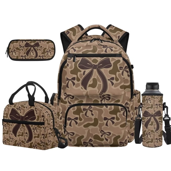 HUISEFOR Brown Camo Bow Kids Backpack Set 17 Inch Flap School Bag with Lunch Bag, Pencil Case and Water Bottle Holder Large Capacity for Girls 6-8, 1st-3rd Grade