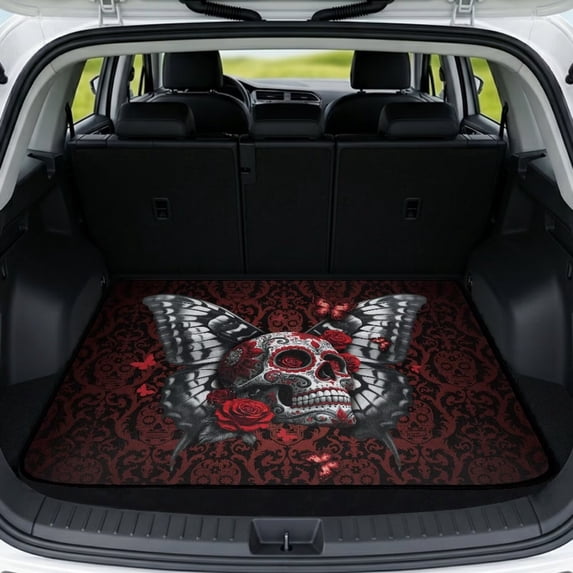 HUISEFOR Butterfly Skull Car Trunk Mat 29" x 39" Anti-Scratch Non-Slip Cars Accessories Full Protection Easy Installation Universal Fit for Most Cars SUV