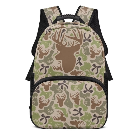 HUISEFOR Camo Bow Deer Backpack for School Kids Girls 17 Inch Large Capacity School Bag with Front Zipper, Lightweight Comfortable Backpack for Middle School Boys