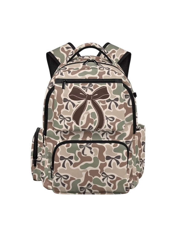 Camo Bow Kids Backpack for Girls 17 Inch Large Capacity School Bag with Padded Straps Front Zipper Pocket, Lightweight Comfortable Shoulder Bookbag Ages 6-12 Back to School