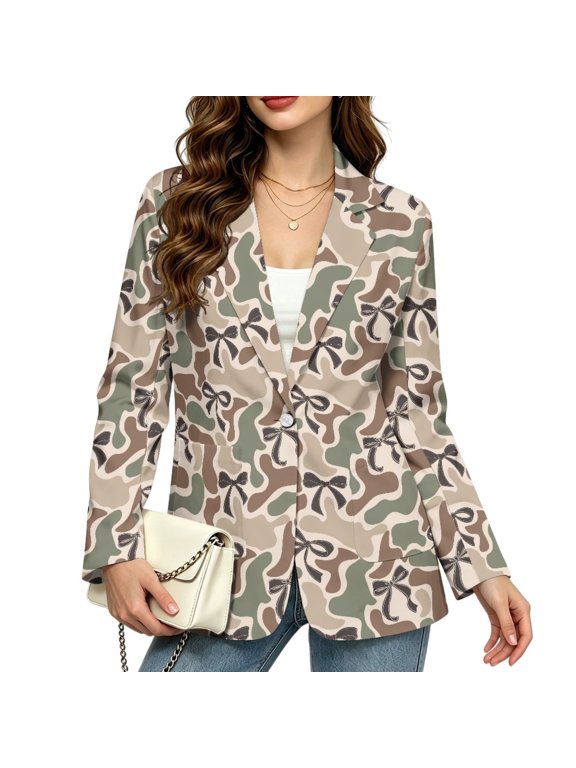 Camo Bow Women's Casual Long Sleeve Blazer, Long Sleeve Notched Lapel Suit Jacket with Pockets, Open Front Fully Lined Blazer, Business Casual Work Office Fall Winter Outerwear