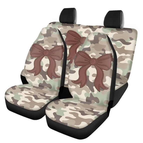 HUISEFOR Camo Brown Bow Car Seat Covers Full Set Soft Elastic 4 Pcs, Breathable, All‑Season Protection, Front and Back Seat Covers Protectors, Universal Fit for Most Cars SUVs