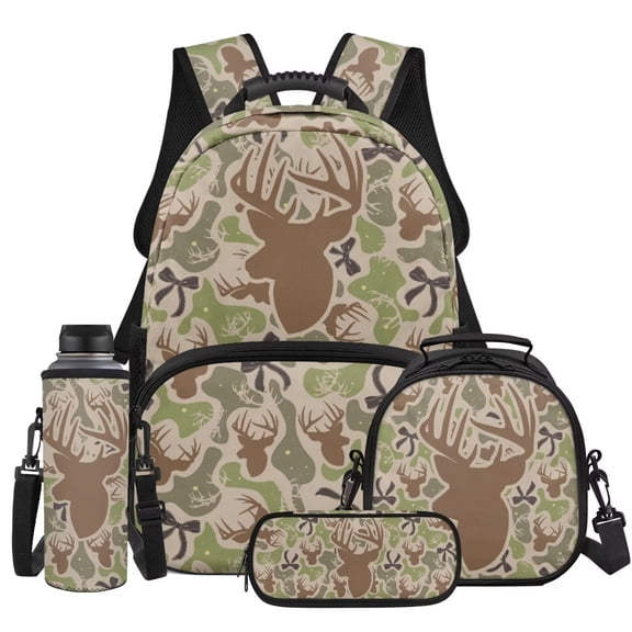 HUISEFOR Camo Hunting Deer School Backpack Set,4 Piece 17 Inch Bookbag with Lunch Bag,Pencil Case,Water Bottle Holder Large Capacity Backpack for Elementary School 2nd-3rd Grade