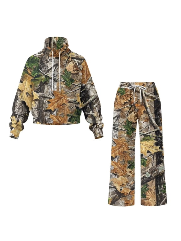 Camo Hunting Deer Womens Sweatsuit, Long Sleeve Sweatshirt with Sweatpants Tracksuits, Drawstring Wide Leg Sweatpants, Fleece Warm Side Pockets for Outdoor Activities