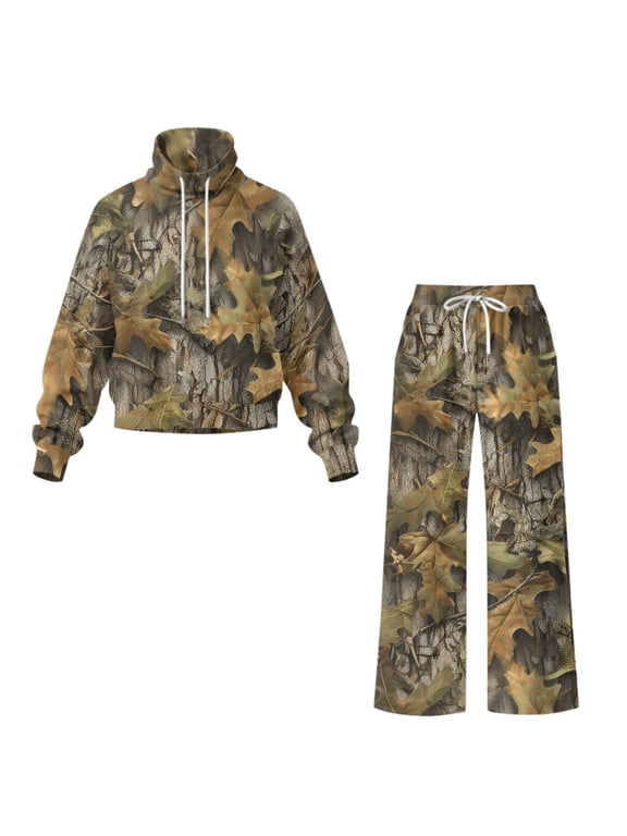 Camo Hunting Sweatsuit Sets for Women, Matching Lounge Sets for Women, 2 Piece Lounge Sweat Sets, Wide Leg Sweatpants with Pockets, Fall Loungewear Sets for Everyday Wear