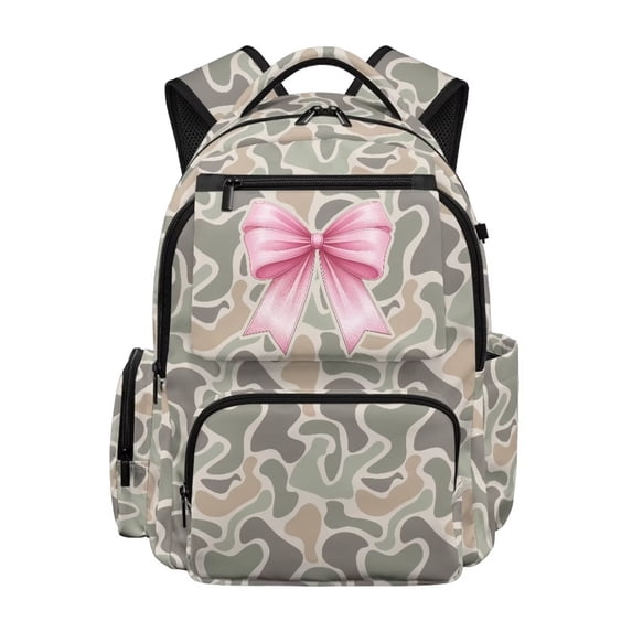 HUISEFOR Camo Pink Bow Backpack for School Kids Girls Large Capacity 17 Inch Schoolbag with Adjustable Shoulder Strap Lightweight College Students Backpacks Back to School