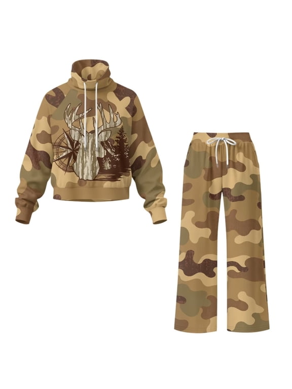 Camouflage Deer Lounge Sets for Women 2 Piece, Womens Mock Neck Sweatsuit, Wide Leg Sweatpants Elastic Waistband Side Pockets, Casual Travel Outfits for Outdoor Activities