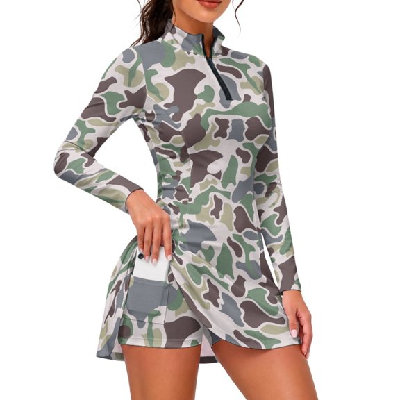 HUISEFOR Camouflage Womens Golf Dresses Quarter Zip Slim Fit Sports Dress for Women, Long Sleeve Workout Outfit with Built-in Shorts & Storage Pockets Soft Breathable