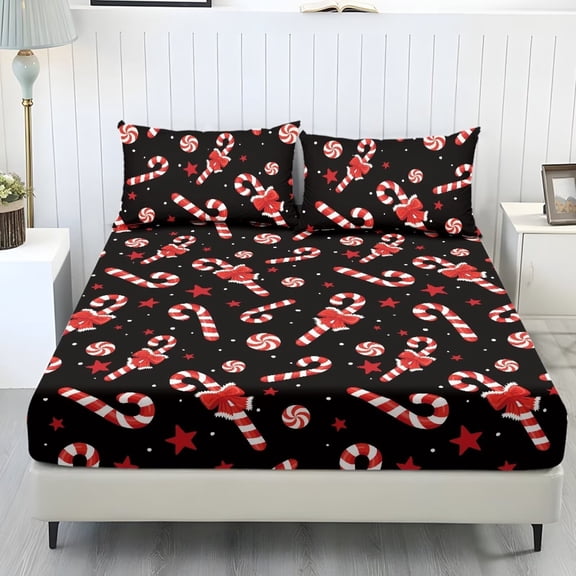 Bulopur Candy Cane King Sheet Set Cozy Breathable 3‑Piece Deep Pocket Bed Sheet Set, Secure Fit Elastic Holiday Printed Bedding Set