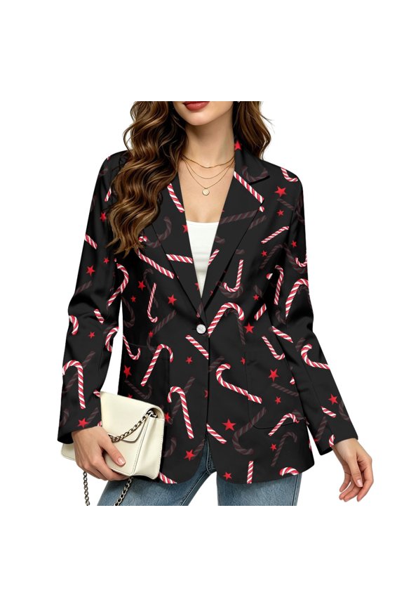 Candy Cane Women's Casual Long Sleeve Blazer, Notched Lapel Fully Lined Suit Jacket with Pockets, Button Down Open Front, Slim Fit Christmas Holiday Party Business Casual Blazer