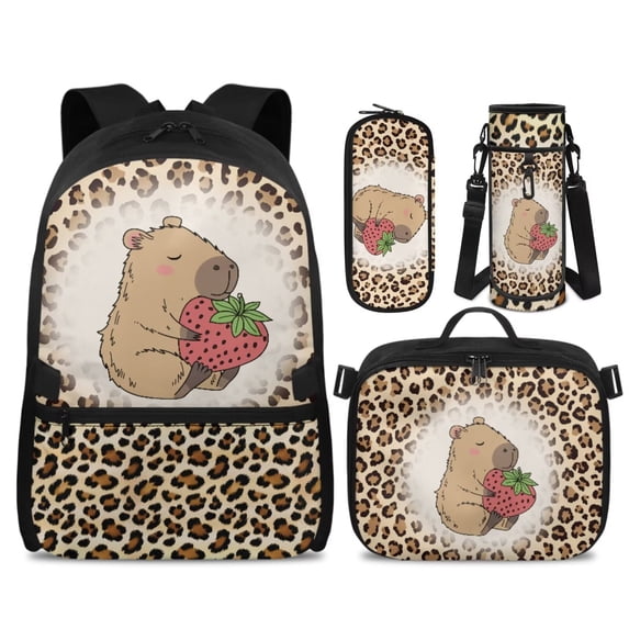 HUISEFOR Capybara Print Kids Backpack Set 4 Pcs Cartoon Breathable Kids School Bag with Lunch Box, Pencil Case and Water Bottle Cover for Capybara Lover Kids