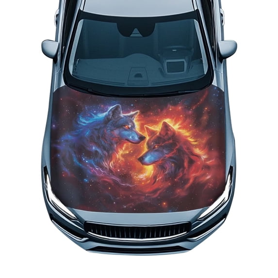 HUISEFOR Car Hood Cover All-Season Protection Red Blue Flame Wolf Car Hood Cover Protector Elastic Fabrics Can be Washed Decorate Accessories Fits for Most Cars